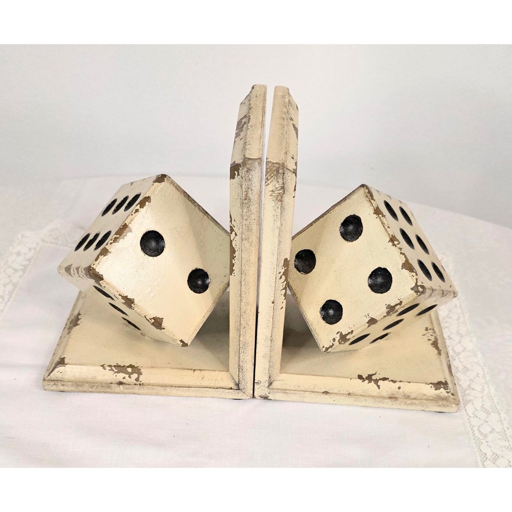 Wooden Dice Bookends Distressed Cream Black Shabby Chic Game Room Decor 2014